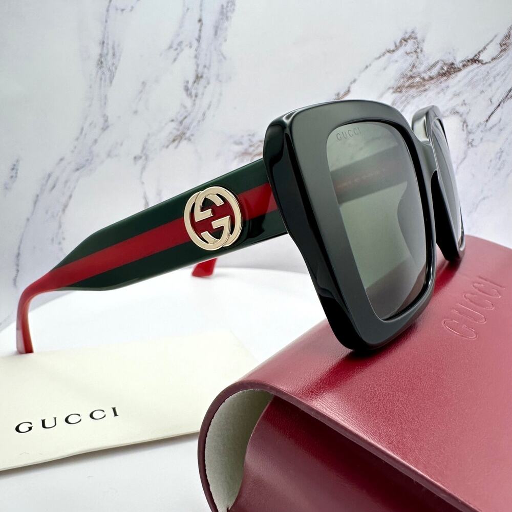 STYLISH New GUCCI Sunglasses Black Gold 3D Metal Logo Square Red Green Web Arms - Picture 12 of 16